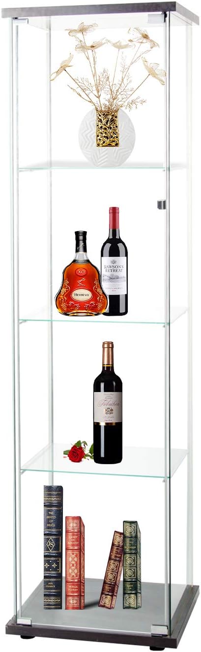 4-Shelf Glass Display Cabinet with Door, Tempered Glass Floor Standing Bookshelf, Black D7352