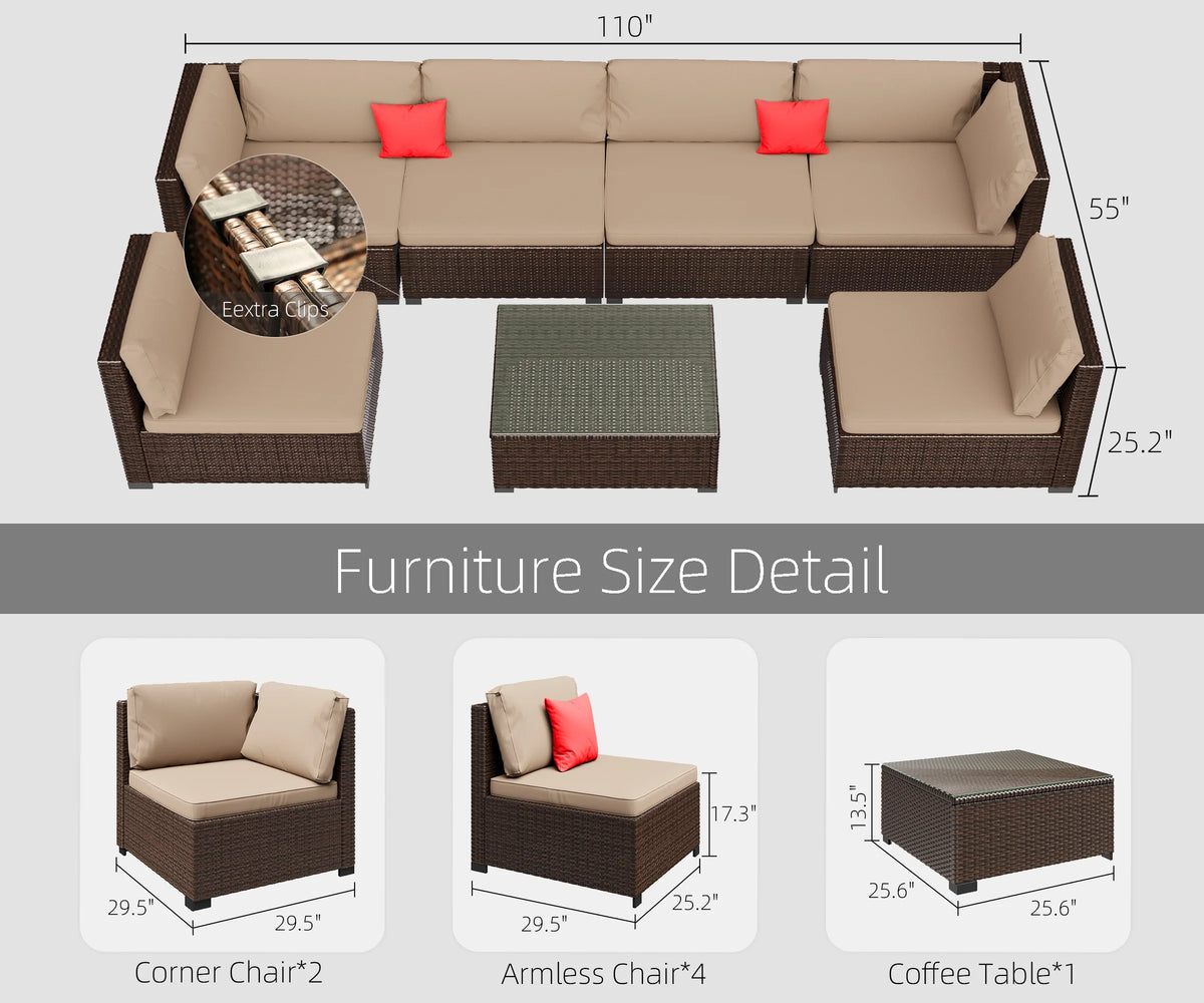 7 Piece PE Rattan Patio Sectional Sofa Set with Cushion and Coffee Table R1660