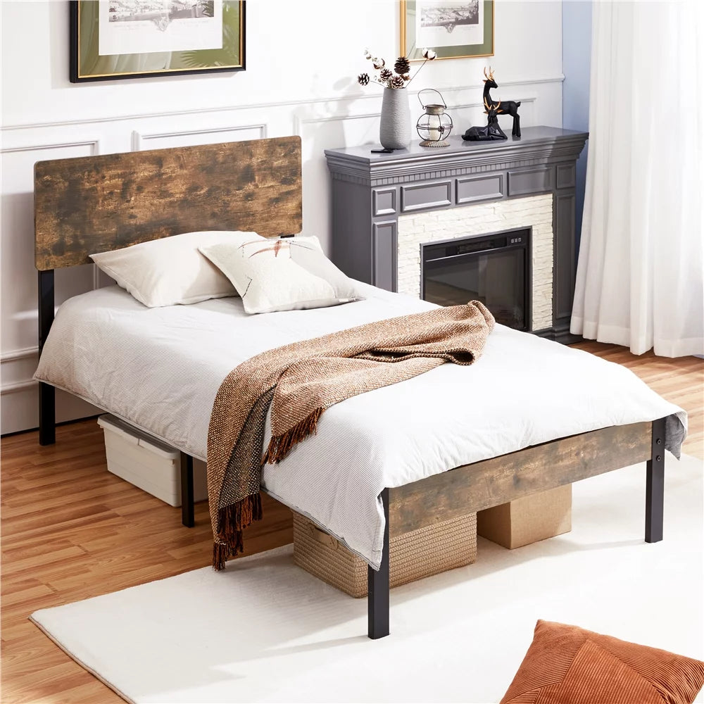 Metal Twin Bed Frame with Wooden Headboard & Footboard K3984