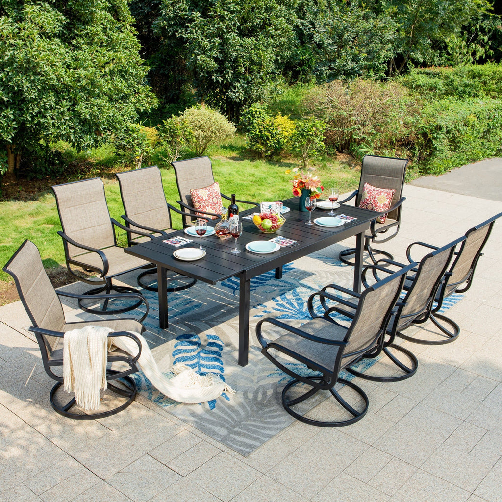 9-Piece Outdoor Dining Set with High Back Swivel Padded Chairs & Extendable Table, Black & Tan H35303