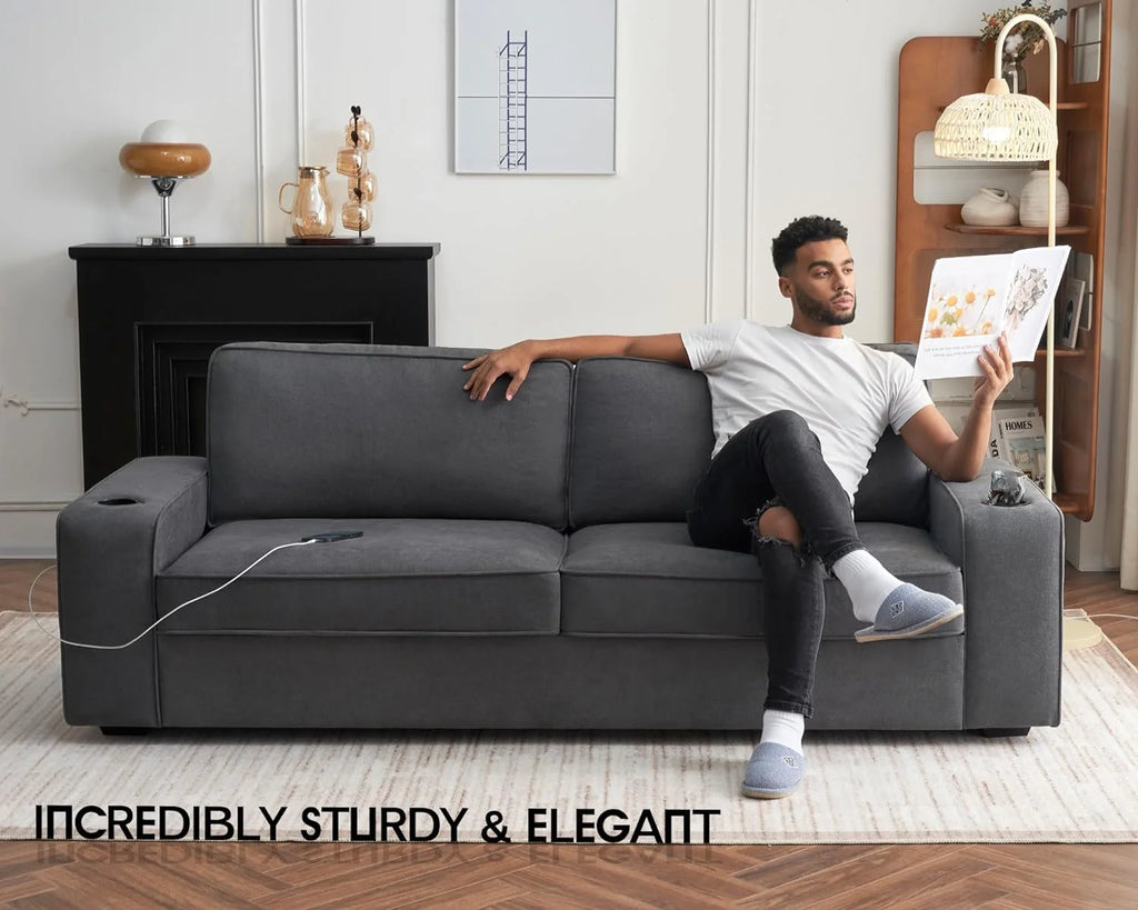 Grey Chenille Sofa with USB Charging Ports & Cup Holders B51219