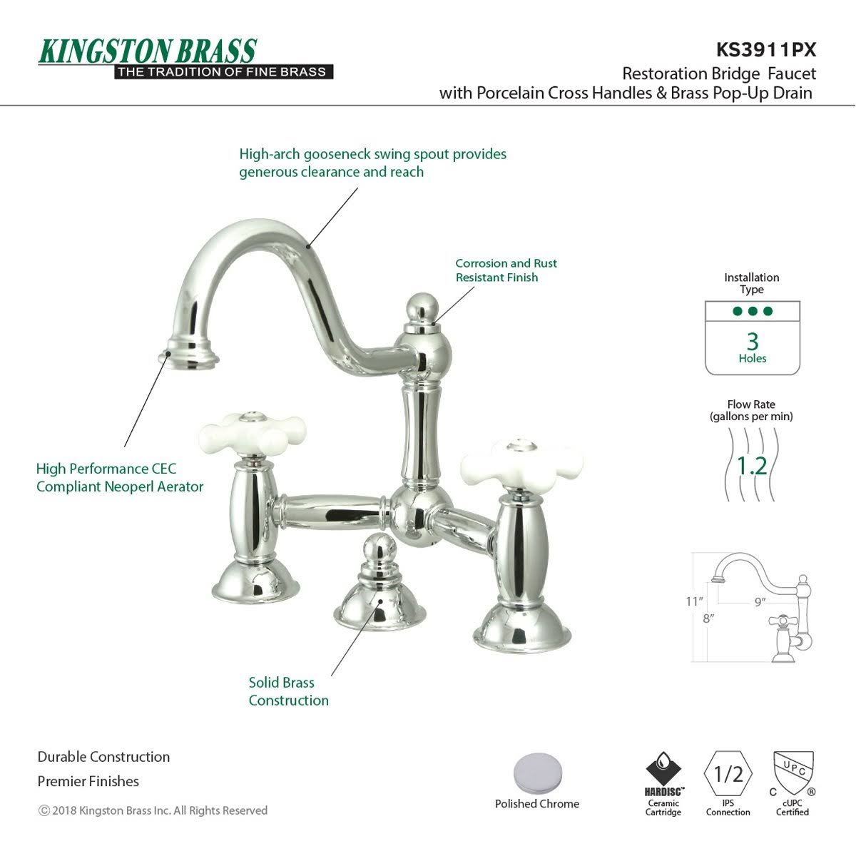 Polished Brass Lavatory Bridge Faucet with Brass Pop-Up N369