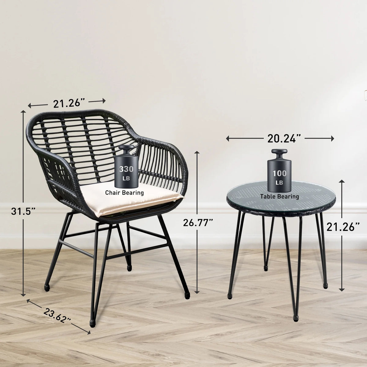 3 Piece Black PE Rattan Outdoor Wicker Bistro Set with Cushions M322627