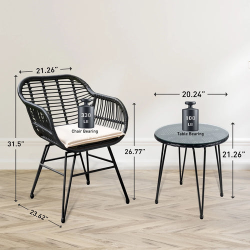 3 Piece Black PE Rattan Outdoor Wicker Bistro Set with Cushions M322627