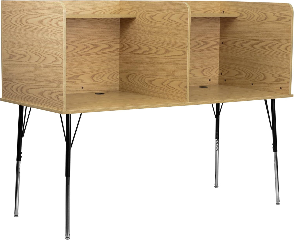 Double Wide Study Carrel with Adjustable Legs and Top Shelf in Nebula Grey D925393
