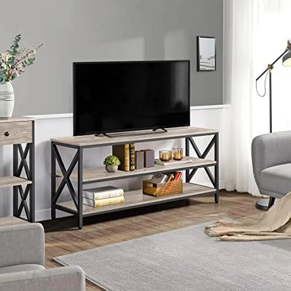 Industrial TV Stand with 3 Tier Shelves Metal Frame Rustic Brown T589531