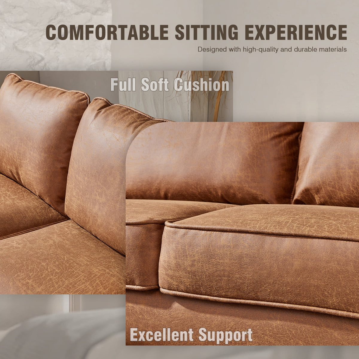 81.50" Wide L-Shaped Suede Fabric Light Brown Sectional Sofa H99029