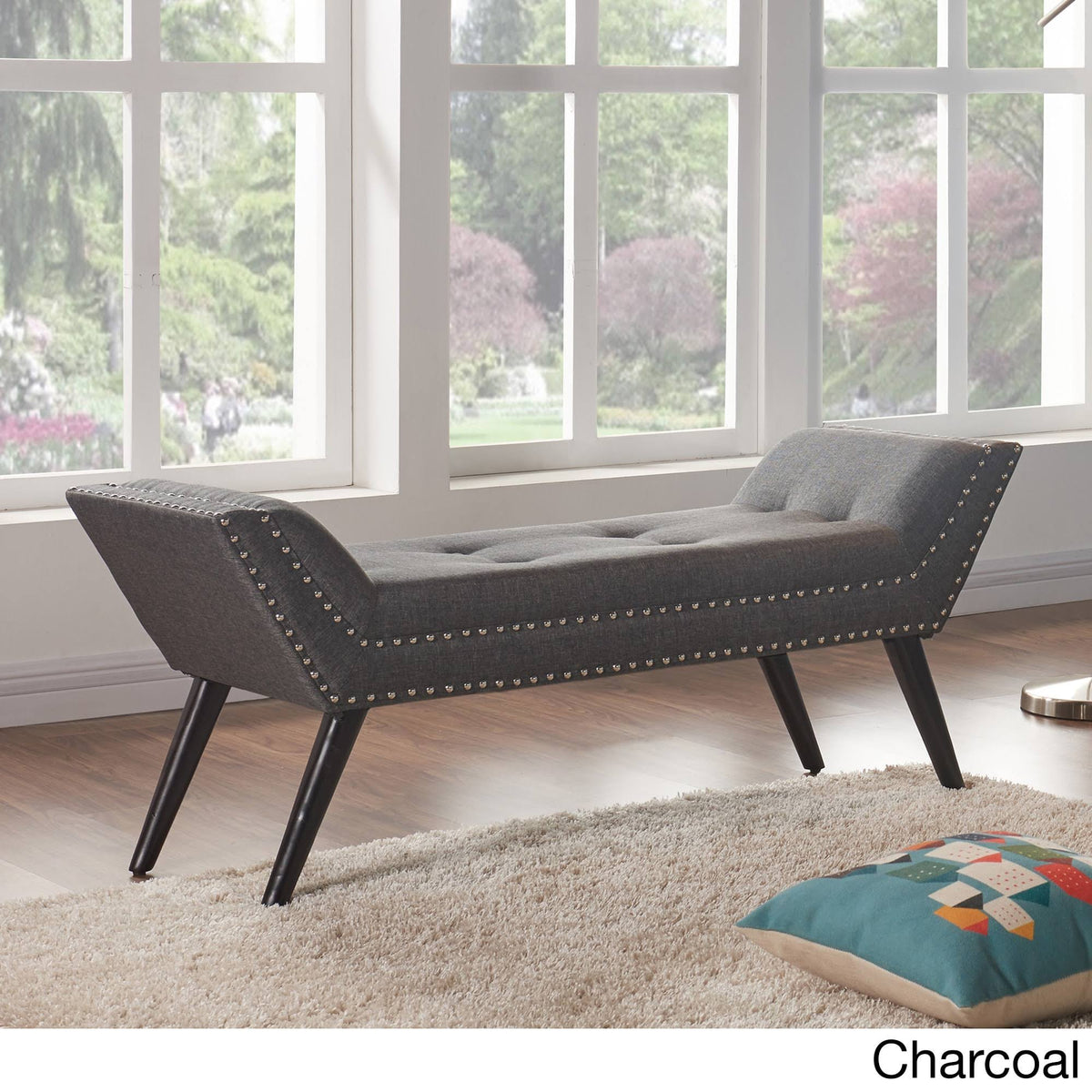 Taupe Fabric Ottoman Bench with Nailhead Trim and Wood Legs U4744