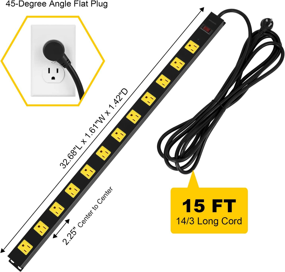 2-Pack 12 Outlet Metal Power Strip with 15 FT Cord Surge Protector Y151216