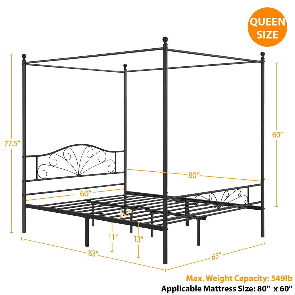 Queen Size Black Metal Canopy Platform Bed U213549
