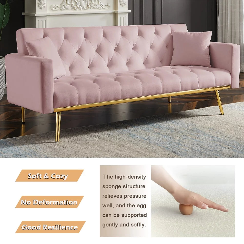 Pink Velvet Convertible Sofa Bed with 2 Pillows M60073