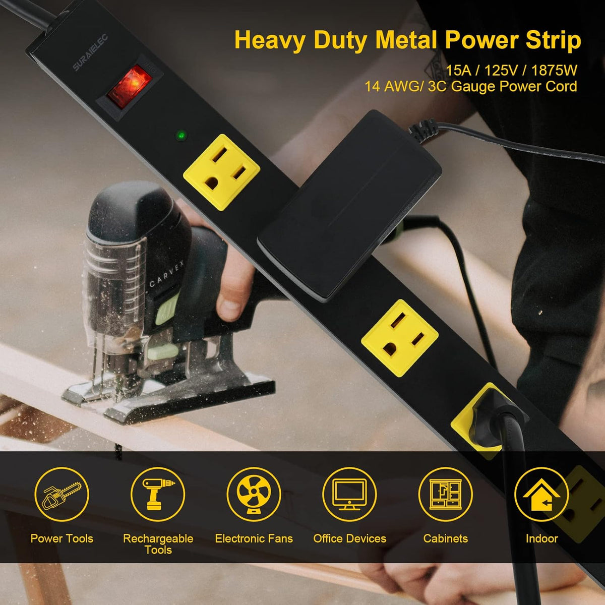 2-Pack 12 Outlet Metal Power Strip with 15 FT Cord Surge Protector Y151216