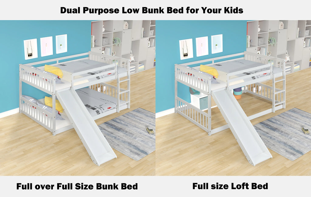 White Full over Full Wood Bunk Bed with Slide and Ladder Z99078