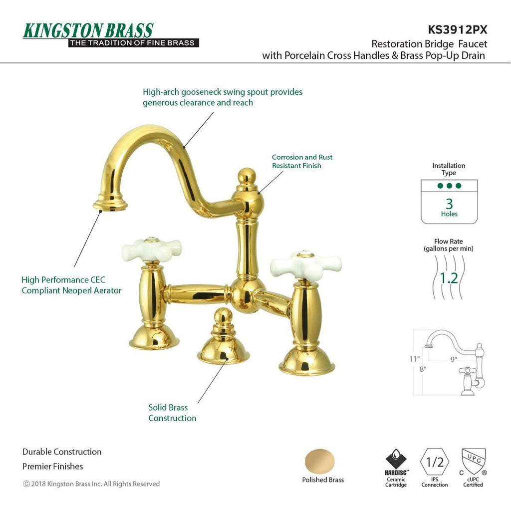 Polished Brass Lavatory Bridge Faucet with Brass Pop-Up N369