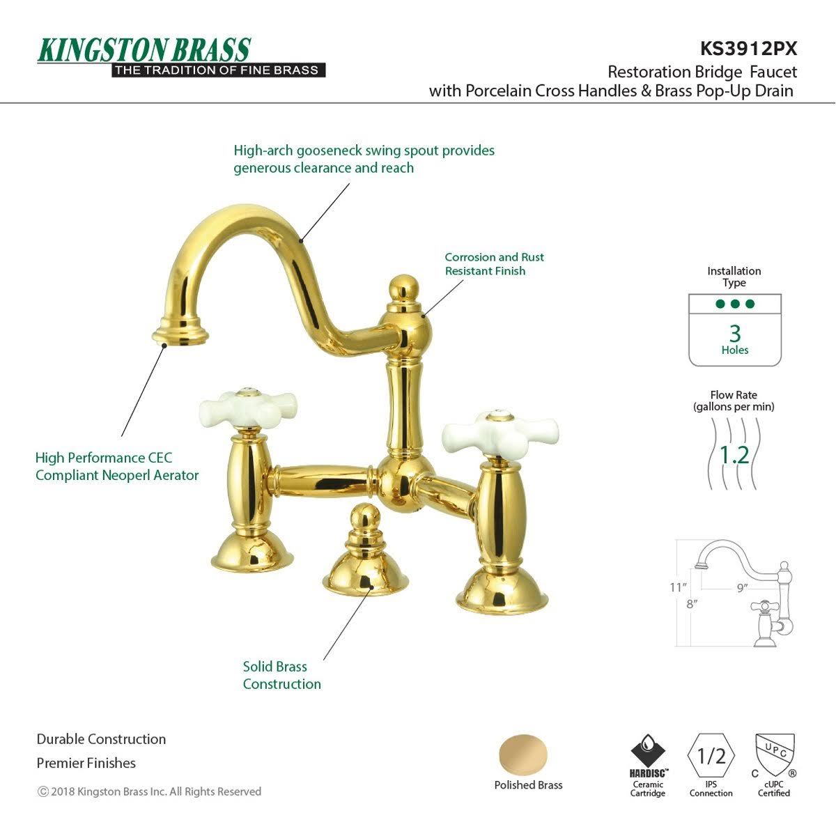 Polished Brass Lavatory Bridge Faucet with Brass Pop-Up N369