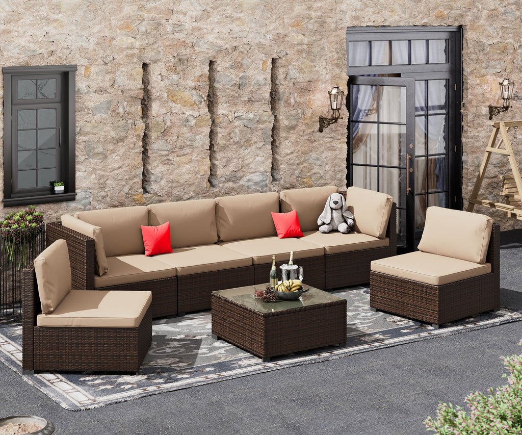 7 Piece PE Rattan Patio Sectional Sofa Set with Cushion and Coffee Table R1660