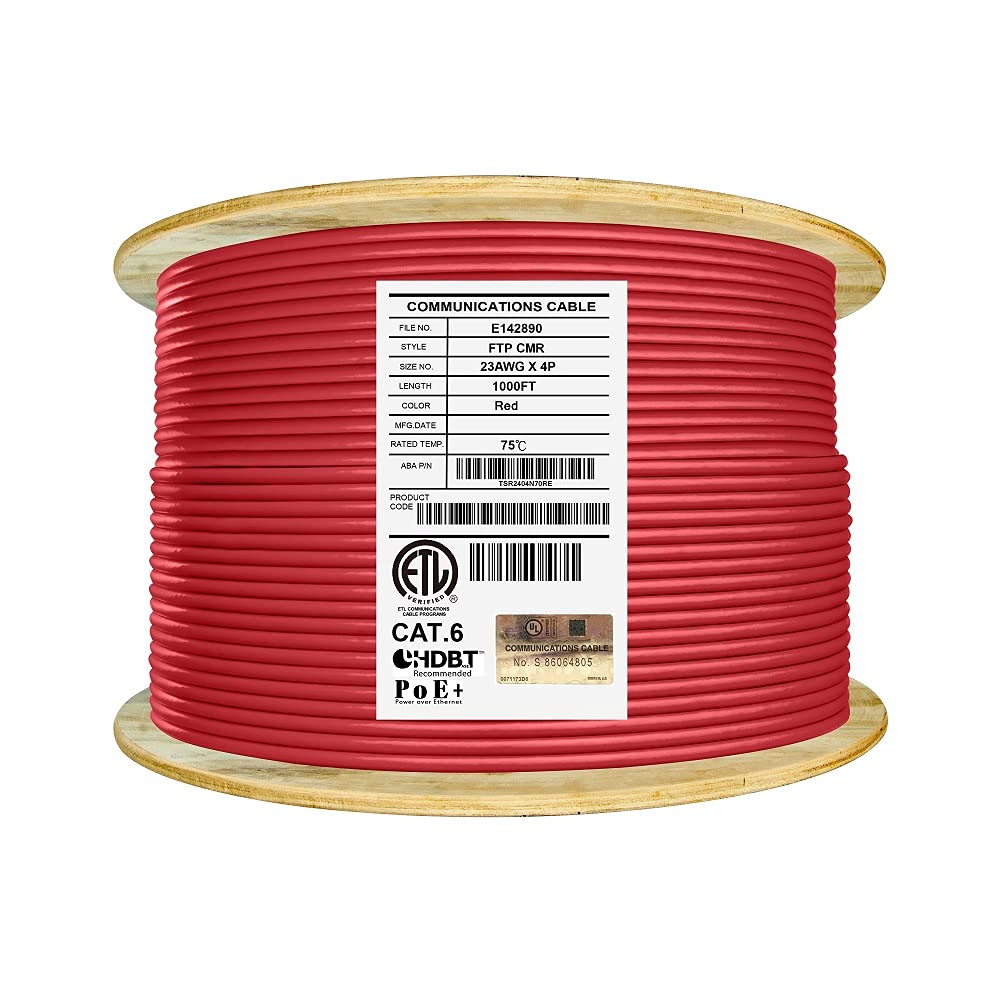 Cat6 Shielded Riser 1000ft F/UTP 23AWG Solid Bare Copper 550MHz Bulk Ethernet Cable Reel Yellow T91590
