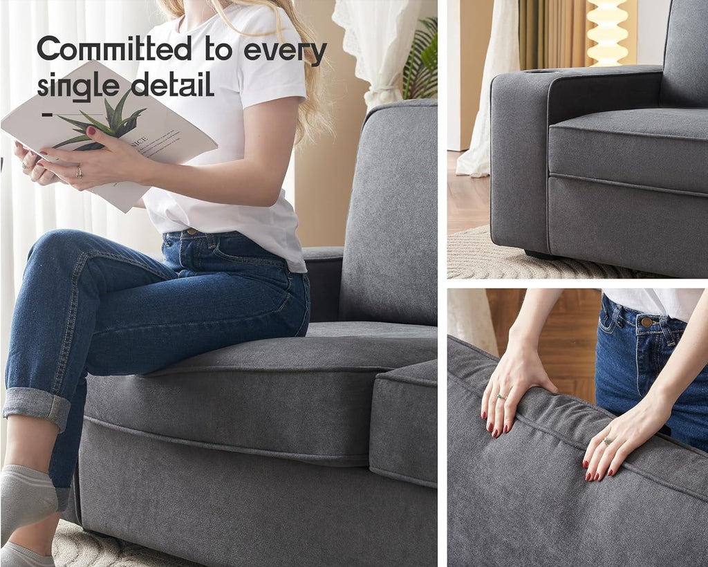 Grey Chenille Sofa with USB Charging Ports & Cup Holders B51219
