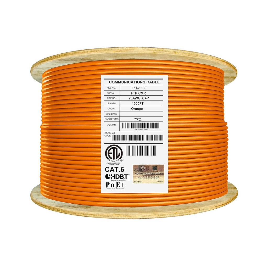 Cat6 Shielded Riser 1000ft F/UTP 23AWG Solid Bare Copper 550MHz Bulk Ethernet Cable Reel Yellow T91590