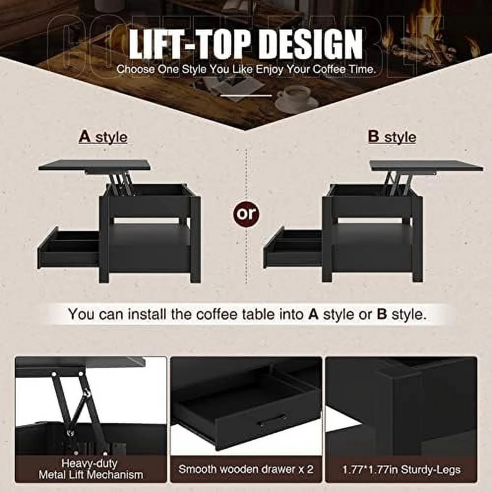 Lift Top Coffee Table with Drawers and Hidden Compartment D687